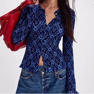 Free People Indigo Patterned Button Down Shirt